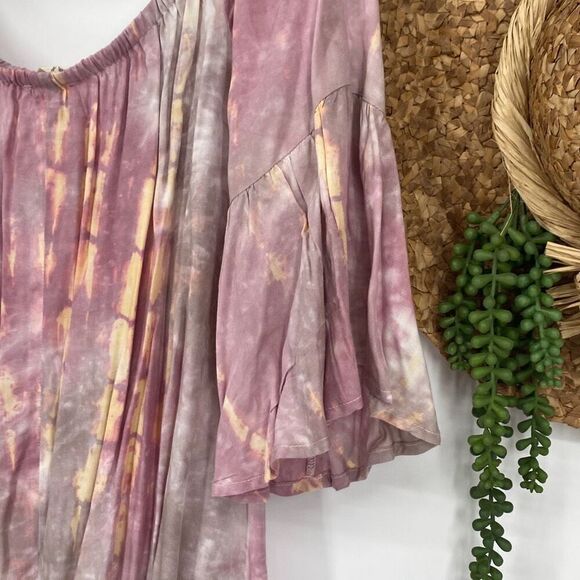 Hem & Thread Tie‎ Dye Bell Sleeve Swing Top Off Shoulder Mauve Pink M New - Picture 7 of 10